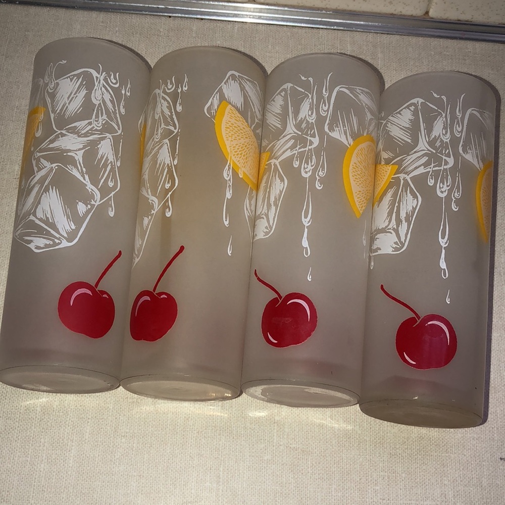 VINTAGE TOM COLLINS FROSTED SLIM TALL LEMON & CHERRY SET OF‎ 4 GLASSES